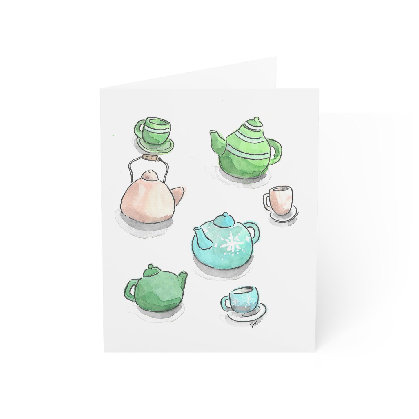 Cozy Watercolor Greeting Cards - Teapots and Teacups - Set of 1, 10, 30, or 50