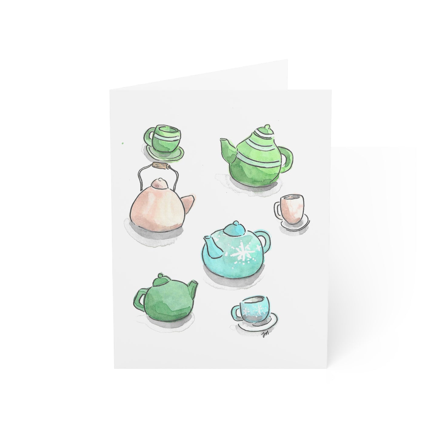 Cozy Watercolor Greeting Cards - Teapots and Teacups - Set of 1, 10, 30, or 50
