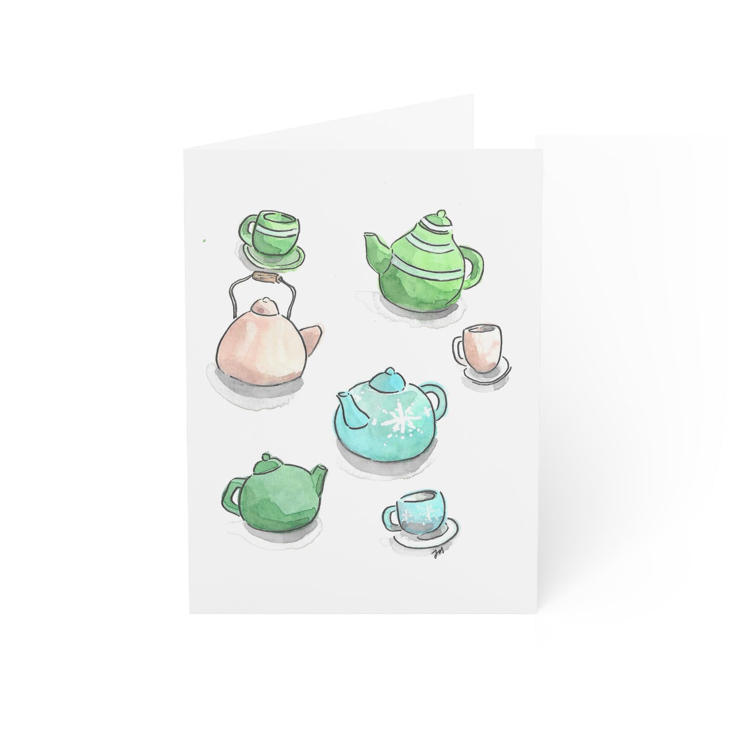 Cozy Watercolor Greeting Cards - Teapots and Teacups - Set of 1, 10, 30, or 50