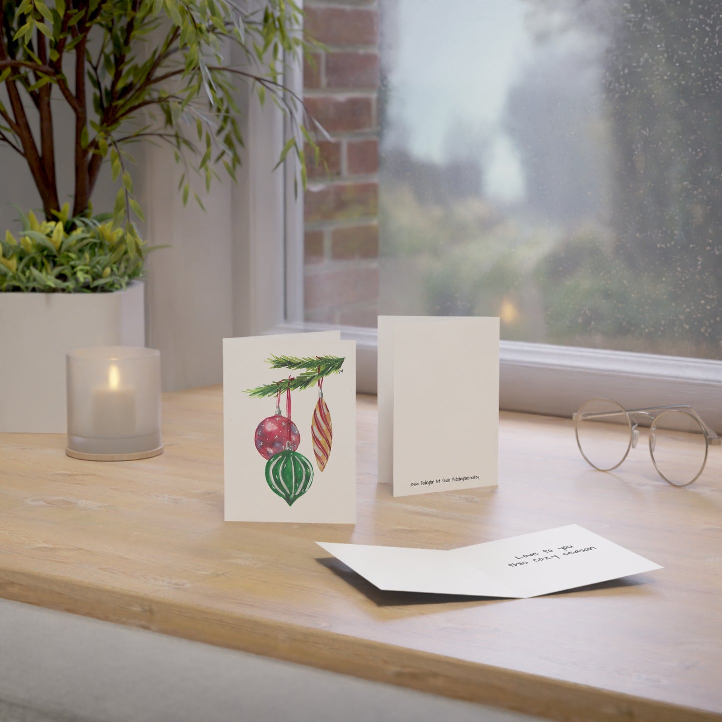 Traditional Christmas Ornament Watercolor Greeting Cards - Set of 1, 10, 30, or 50 Pieces